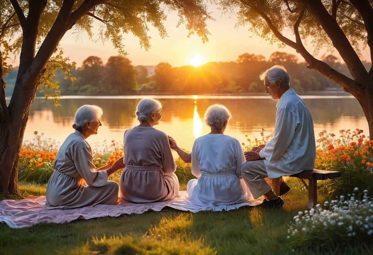 A serene scene depicting a gentle sunset over a peaceful landscape, where a diverse group of compassionate individuals offers support to an elderly person in a cozy and warm setting. Elements of tenderness and love are highlighted through soft touches, like hand-holding and comforting gestures. Include symbols of kindness, such as flowers and light glowing around the figures. The overall mood should evoke tranquility and warmth. super-realistic. vibrant colors. soft focus.