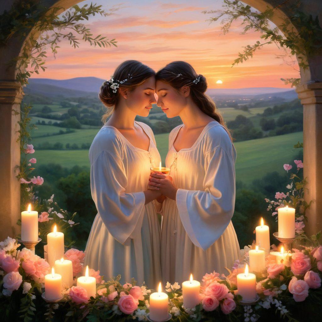A serene scene depicting a comforting embrace between two individuals, surrounded by softly lit candles and gentle floral arrangements. In the background, a tranquil landscape with a sunset symbolizes hope and healing. Subtle symbols of love and remembrance, such as a heart and a ribbon, can be integrated into the foreground. The overall tone should evoke a sense of peace and compassion. soft pastel colors. serene ambiance. painting.