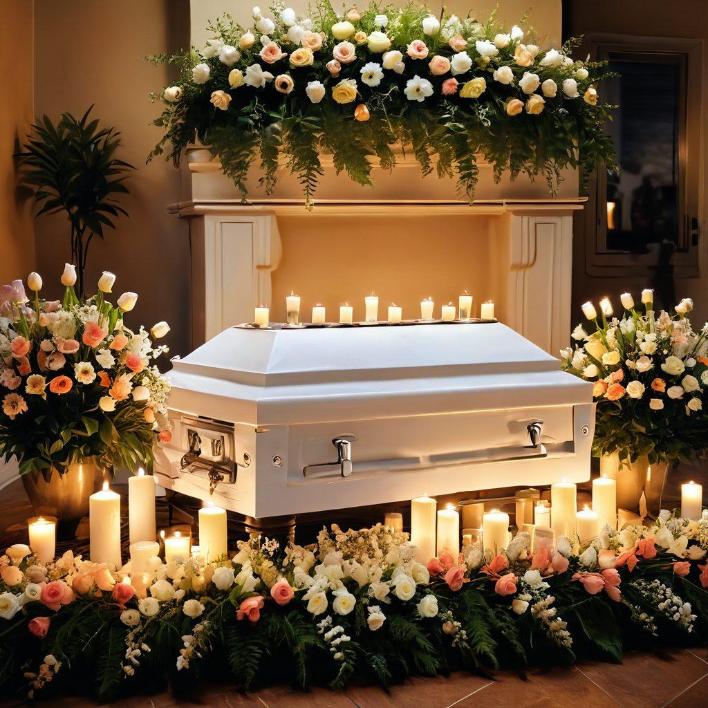 A serene and comforting scene depicting a peaceful funeral setting surrounded by blooming flowers and warm candlelight, with a diverse group of people gently supporting each other, sharing memories. Soft hues of light illuminate the faces, reflecting kindness and compassion. Incorporate elements of personal tributes such as handwritten notes or framed photographs. The atmosphere is tranquil and hopeful, symbolizing the lasting impact of kindness during difficult times. super-realistic. warm colors. soft focus.